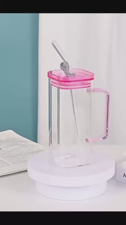 Square Glass with Lid and Straw